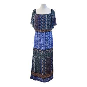 Chico’s Maxi Dress Small Boho Geometric Print Off Shoulder Blue Peasant Beach